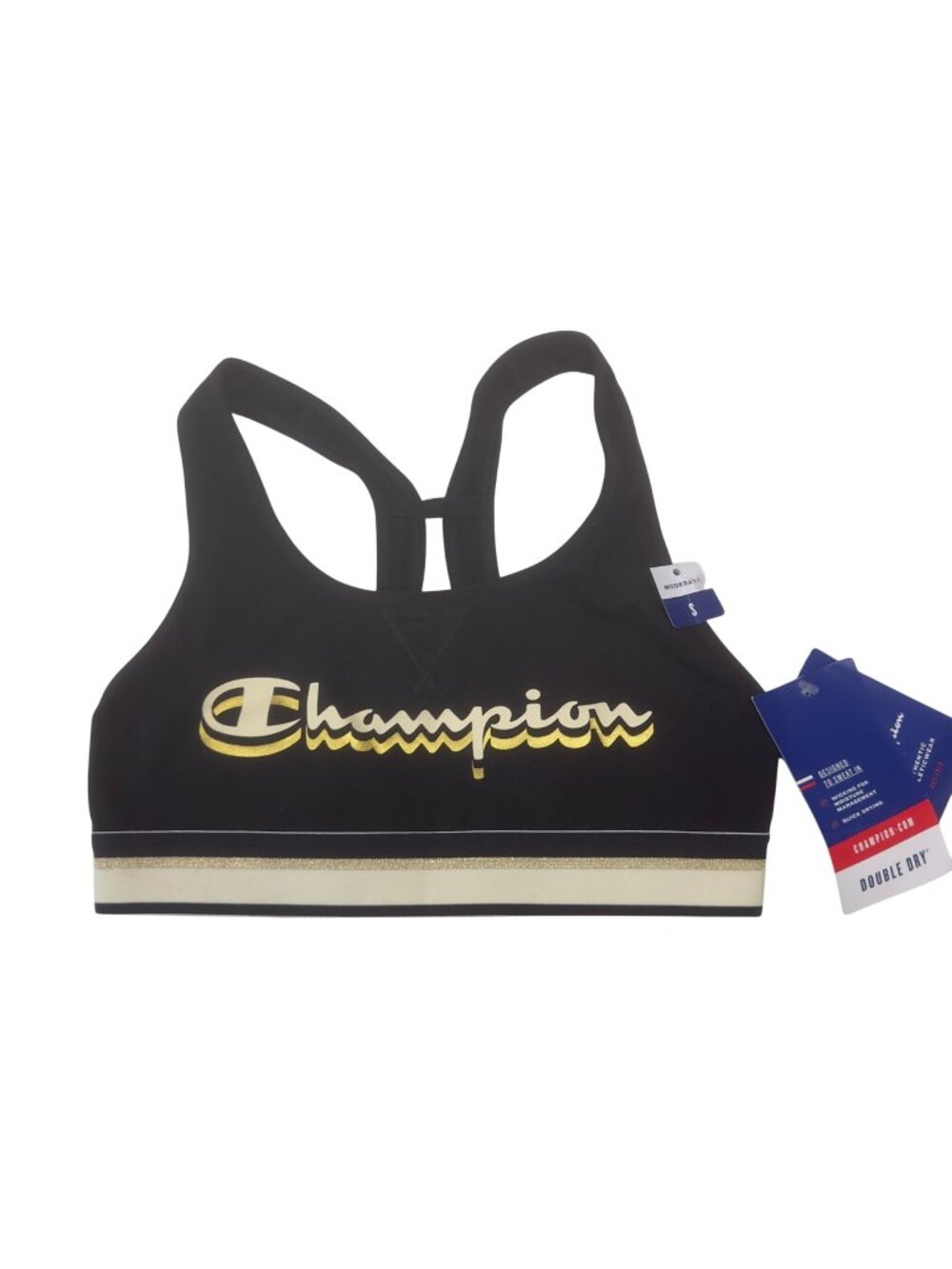 Champion Double Dry Sports Bra Racerback Design & Gold Logo Size Small Black